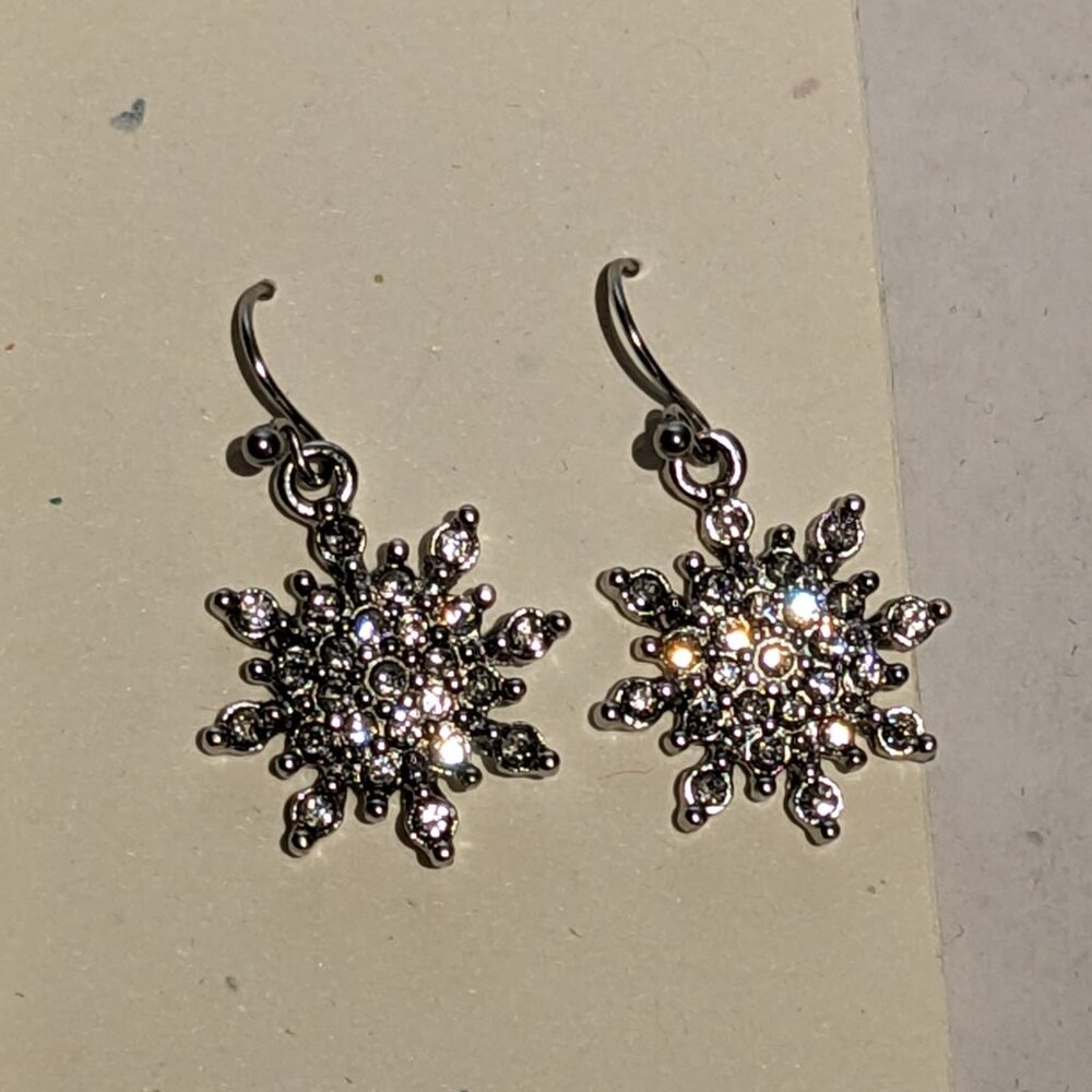 Handmade rhinestone snowflake earrings on stainless steel ear wires. Bling! New!